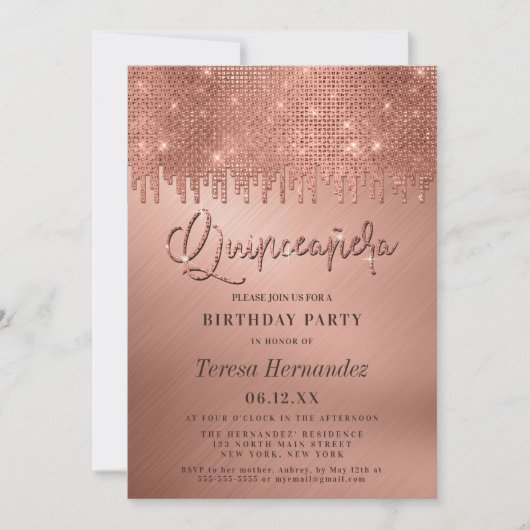 Luxe Roze Gouden Glitter Pixels Quinceañera Kaart (Voorkant)