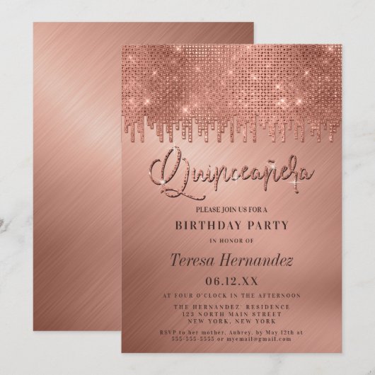 Luxe Roze Gouden Glitter Pixels Quinceañera Kaart (Voorkant / Achterkant)