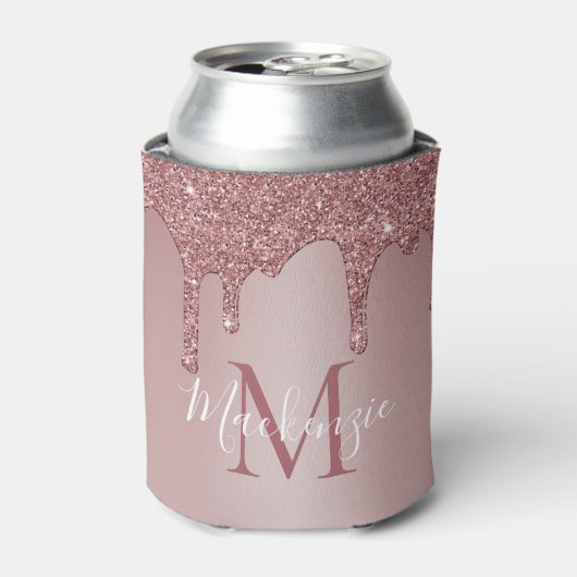 Luxe Roze Gouden Glitterdruppels Monogram Blikjeskoeler (Blikje Voorkant)
