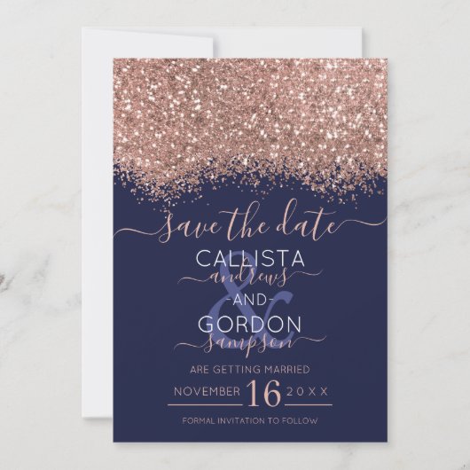 Luxe Roze Gouden Marine Glitter Confetti Bruiloft Save The Date (Voorkant)