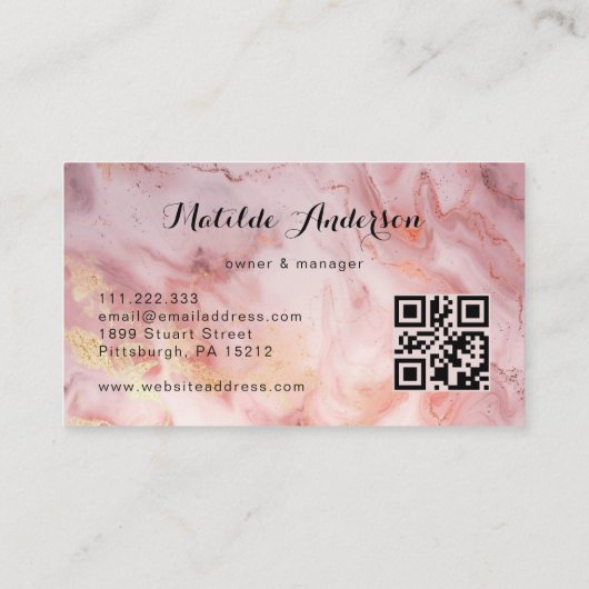Luxe roze gouden marmeren agaat monogram QR-code Visitekaartje (Achterkant)