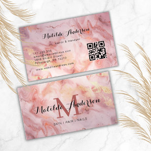 Luxe roze gouden marmeren agaat monogram QR-code Visitekaartje