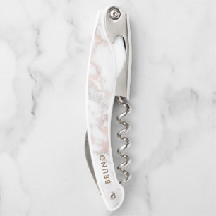 Luxe roze-gouden marmeren monogram kurkentrekker
