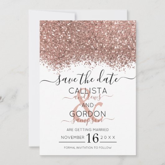 Luxe Roze Gouden Witte Glitters Confetti Bruiloft Save The Date (Voorkant)
