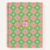 Luxe roze & groene Harlekijn Crest Monogram Notitieboek (Voorkant)