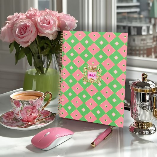 Luxe roze & groene Harlekijn Crest Monogram Notitieboek