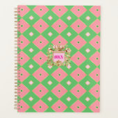 Luxe Roze & Groene Harlekijn Monogram Planner (Voorkant)