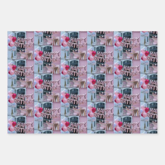 Luxe roze Happy Birthday Wrapping Paper Set (Voorkant 2)