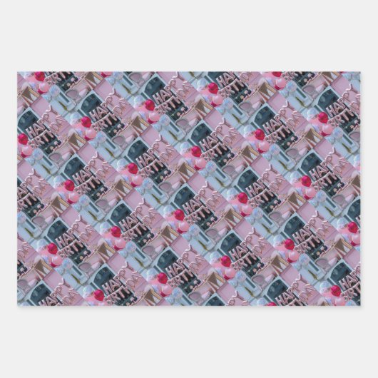 Luxe roze Happy Birthday Wrapping Paper Set (Voorkant)