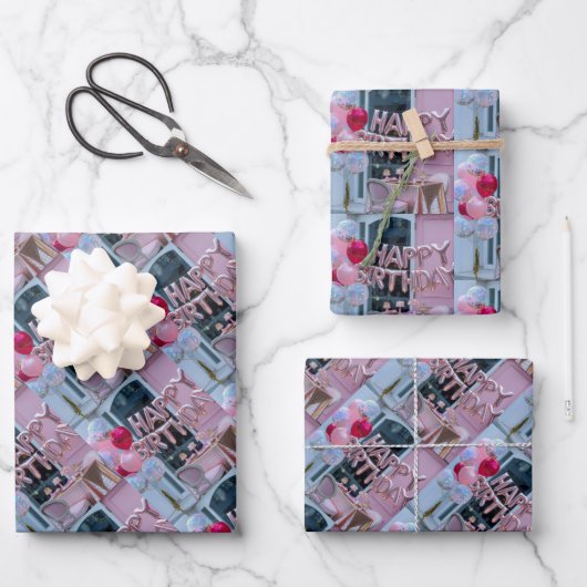 Luxe roze Happy Birthday Wrapping Paper Set (Voorkant)