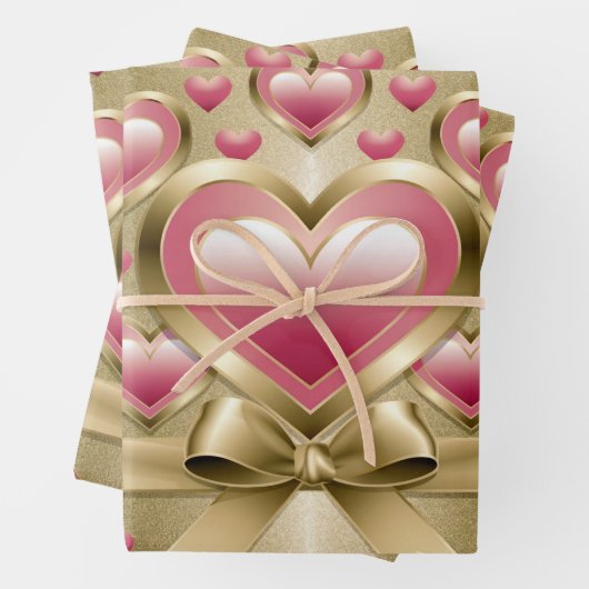 Luxe Roze Harten Gouden Glitter Ribbon Bow Wrappin Inpakpapier Vel (In situ)