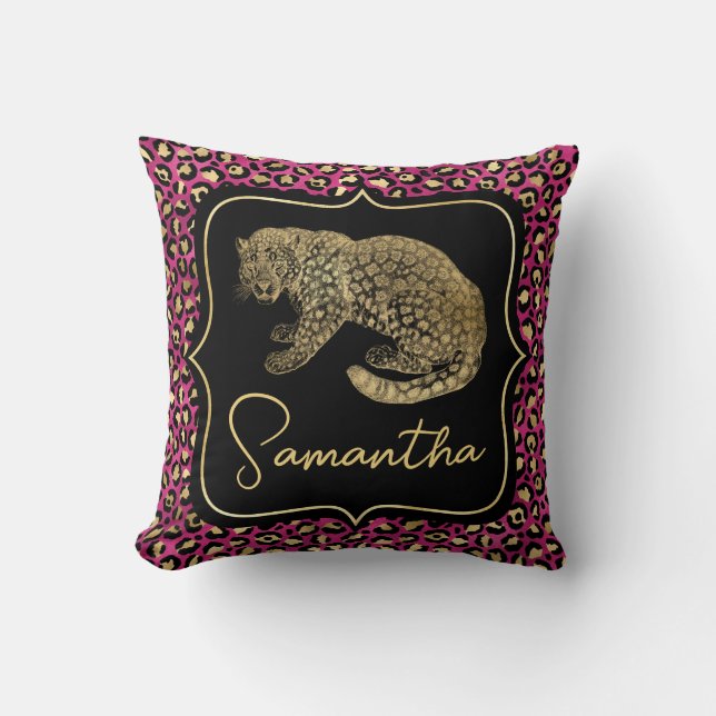 Luxe Roze Luipaardprint Goud Dieren Monogram Kussen (Voorkant)