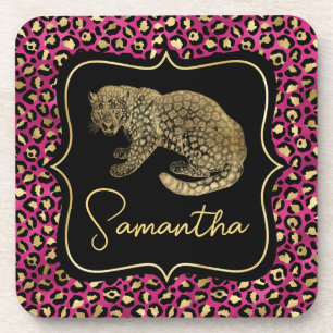 Luxe Roze Luipaardprint Gouden Dieren Monogram Bier Onderzetter