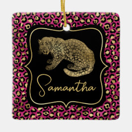 Luxe Roze Luipaardprint Gouden Dieren Monogram Keramisch Ornament
