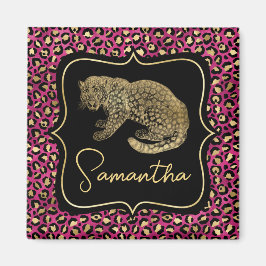 Luxe Roze Luipaardprint Gouden Dieren Monogram Magneet