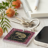 Luxe Roze Luipaardprint Gouden Dieren Monogram Sleutelhanger (Voorkant Rechts)
