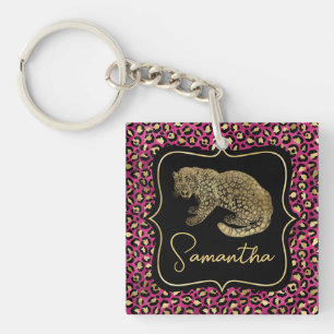 Luxe Roze Luipaardprint Gouden Dieren Monogram Sleutelhanger