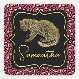 Luxe Roze Luipaardprint Gouden Dieren Monogram Vierkante Sticker