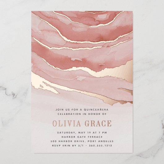 Luxe Roze Marble Quinceanera Folie Uitnodiging (Voorkant)