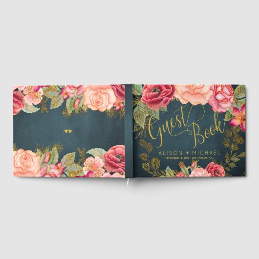 Luxe roze marine bloementypografie script bruiloft gastenboek (Volledig)