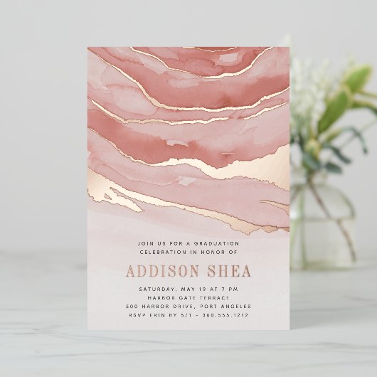 Luxe Roze Marmer Graduation Party Folie Uitnodiging (Staand Voorkant)