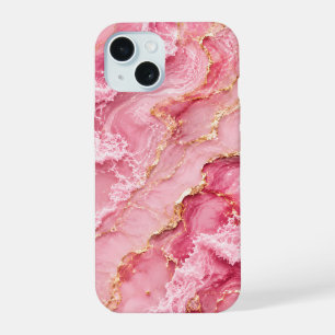 Luxe roze oceaanmarmer met gouden aders iPhone 15 case