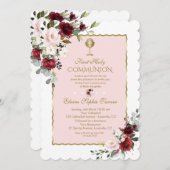 Luxe Roze Paarse Bloemengoud Eerste Heilige Commun Kaart (Voorkant / Achterkant)