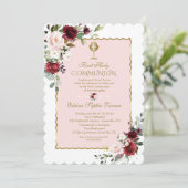 Luxe Roze Paarse Bloemengoud Eerste Heilige Commun Kaart (Staand voorkant)