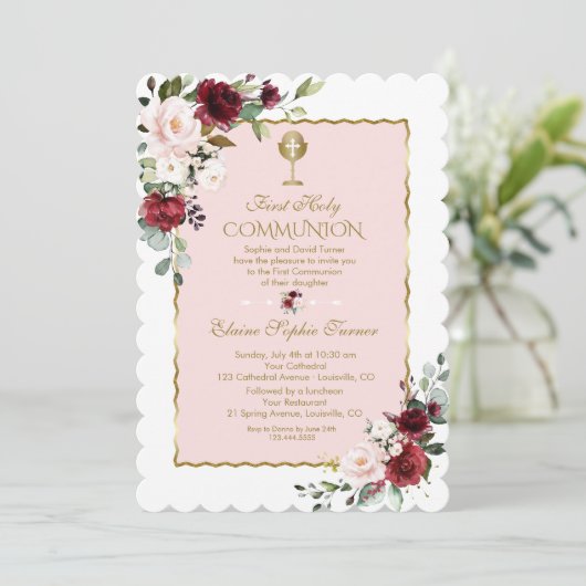 Luxe Roze Paarse Bloemengoud Eerste Heilige Commun Kaart (Staand voorkant)