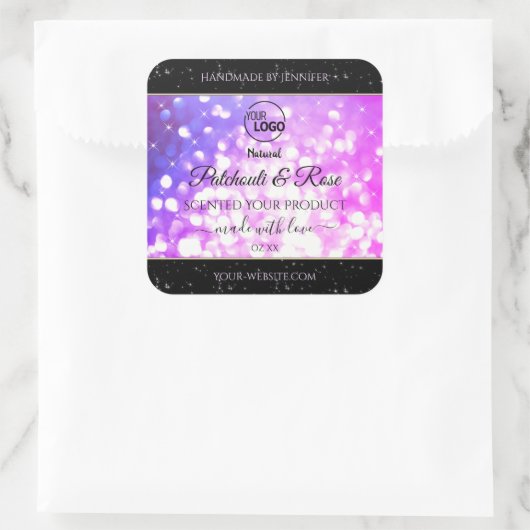 Luxe roze Paarse glitter-productlabel met Logo Vierkante Sticker (Tas)