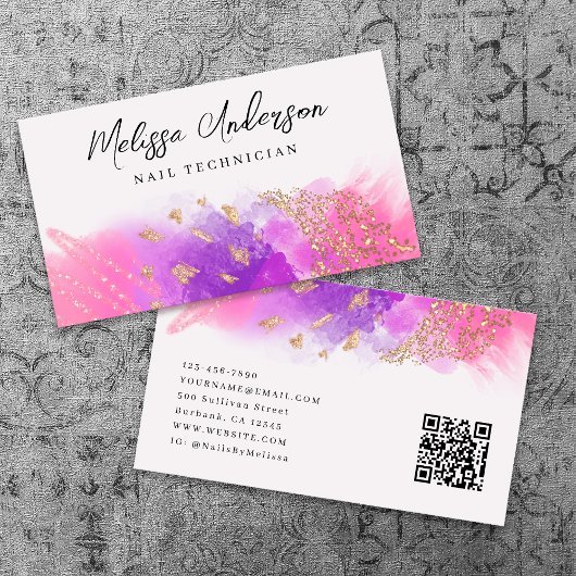 Luxe Roze Paarse Gouden Glitter QR Code Visitekaartje