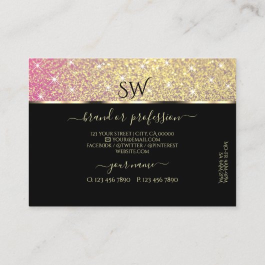 Luxe Roze Paarse Gouden Glitter Sterren en Initial Visitekaartje (Achterkant)