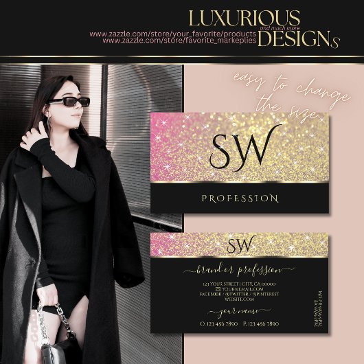 Luxe Roze Paarse Gouden Glitter Sterren en Initial Visitekaartje