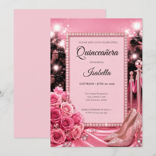 Luxe Roze Quinceañera Kaart (Voorkant / Achterkant)