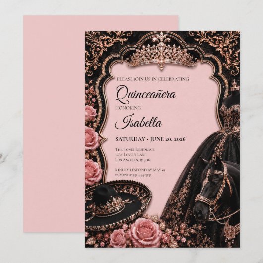 Luxe Roze Quinceañera Kaart (Voorkant / Achterkant)