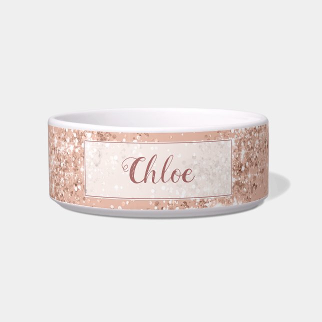 Luxe roze Rose Gold Glitter Monogram Pet Voerbakje (Voorkant)