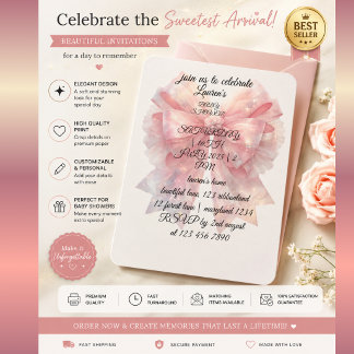 Luxe Roze Strik Uitnodiging voor Baby Shower | Vro