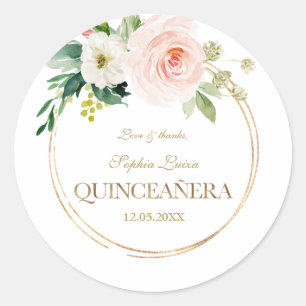 Luxe Roze Witte Bloemen Gouden Quinceañera Ronde Sticker