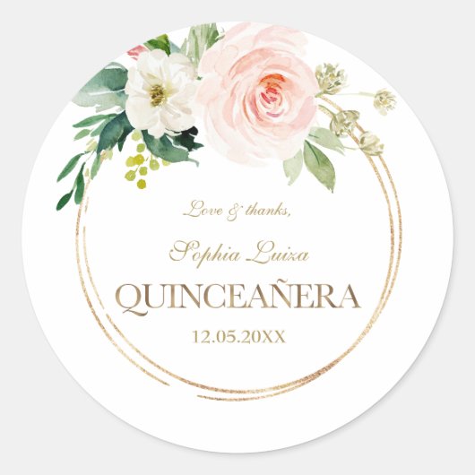 Luxe Roze Witte Bloemen Gouden Quinceañera Ronde Sticker (Voorkant)