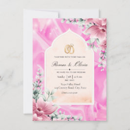 Luxe Roze Zijde en Bloemrijke Gebogen Trouwuitnodi Kaart