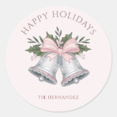 Luxe Roze & Zilver Glitter Kerstbel Custom Ronde Sticker (Voorkant)