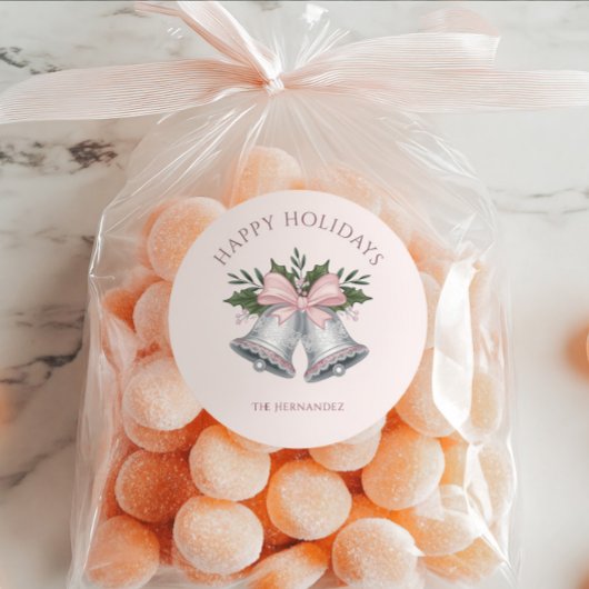 Luxe Roze & Zilver Glitter Kerstbel Custom Ronde Sticker