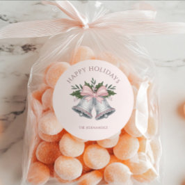 Luxe Roze & Zilver Glitter Kerstbel Klingel Maatwe Ronde Sticker