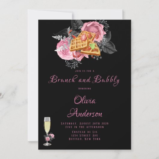 Luxe Roze Zwart Bloem Motief Alcohol Inkten Brunch Kaart (Voorkant)