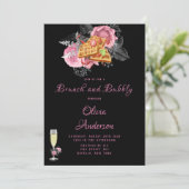 Luxe Roze Zwart Bloem Motief Alcohol Inkten Brunch Kaart (Staand voorkant)