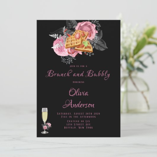 Luxe Roze Zwart Bloem Motief Alcohol Inkten Brunch Kaart (Staand voorkant)