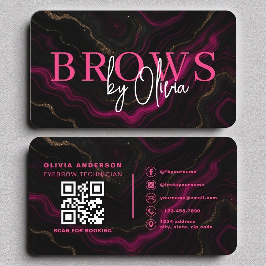 Luxe Roze Zwart Marmer Brows QR Code Visitekaartje