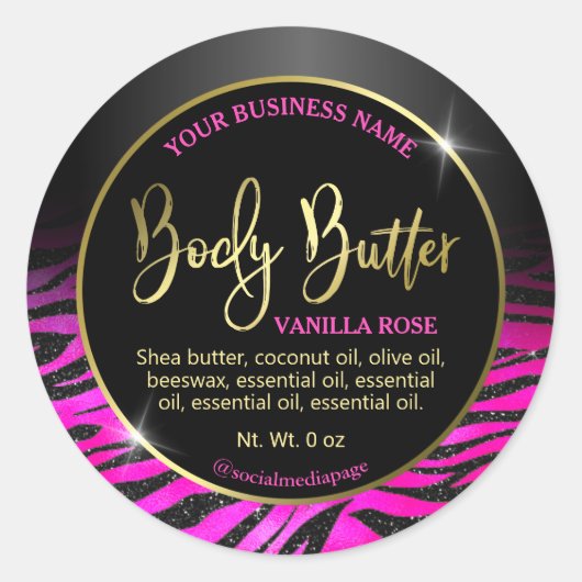 Luxe Roze Zwart Zebra Print Body Butter Labels (Voorkant)