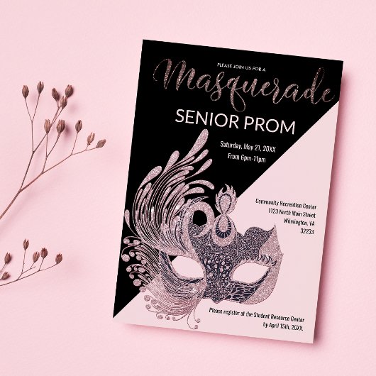 Luxe roze zwart zilver glitter Masquerade Galabal  Kaart