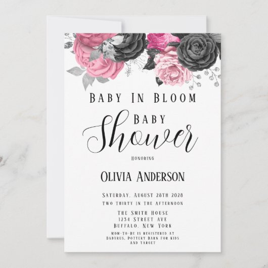Luxe roze zwarte Baby in Bloom Baby shower Invita Kaart (Voorkant)